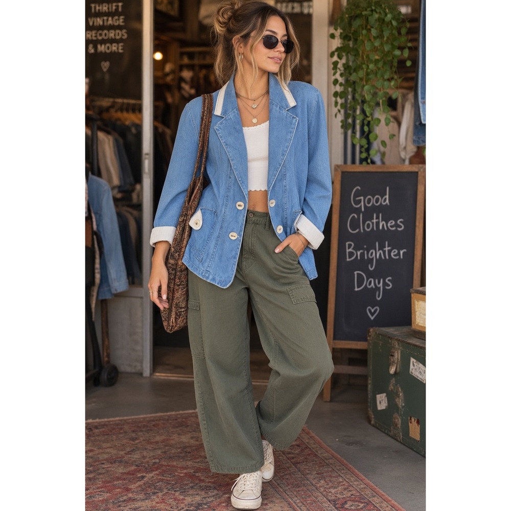Vtg 90s Denim Blazer Light Wash Blue Cream Trim Size P6/S